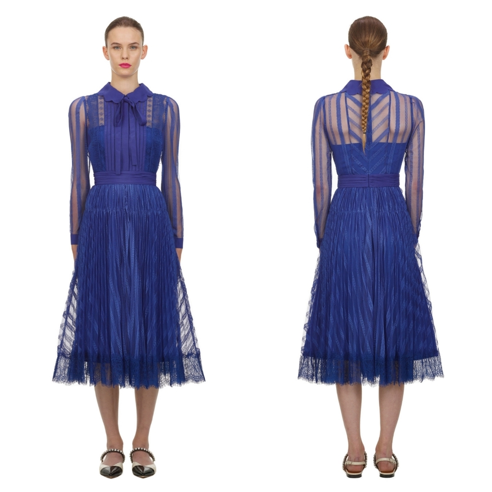 SELF-PORTRAIT Cobalt Blue Lace Pleated Long Sleeve Midi Dress Size US 4